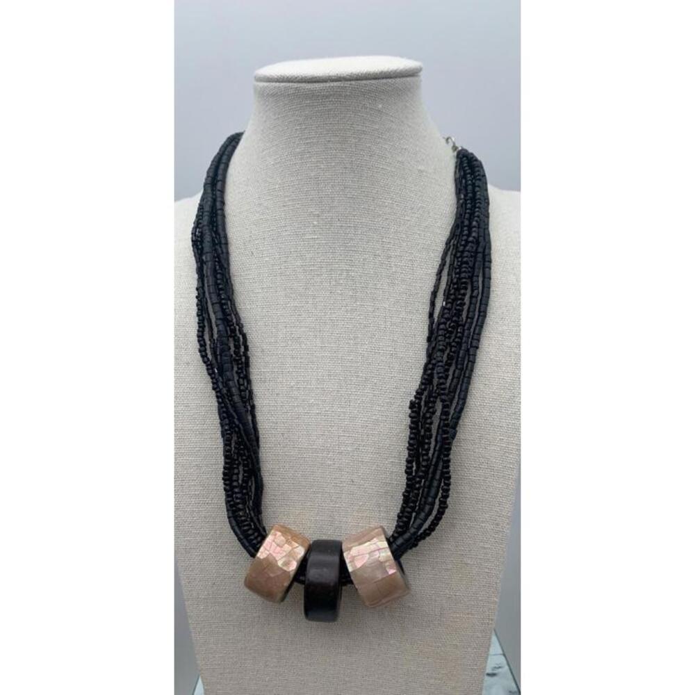 Black Multi Layered Seed Bead Necklace With Mother Of Pearl Mosaic Pendant Rings